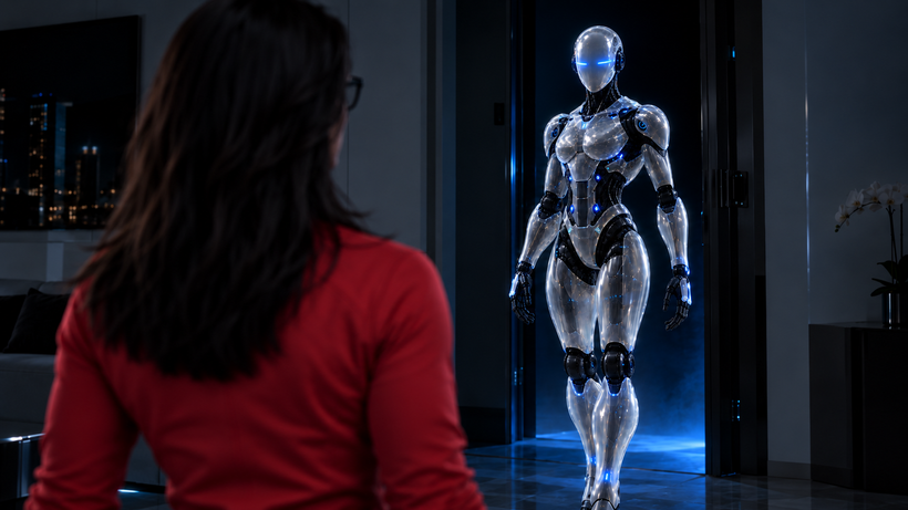 An N-13 training android emerges from a dark doorway in Anika's suite.