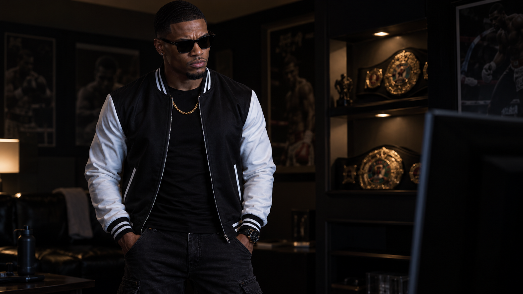 Darius stands in a dark room surrounded by boxing memorabilia.