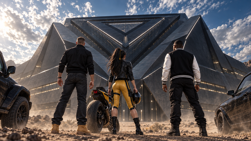 Grant, Hana and Darius face the massive triangular Battleground facility.