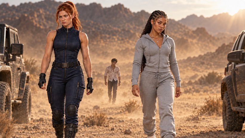 Chasity and Simone walk toward the Battleground as REN approaches in the distance.