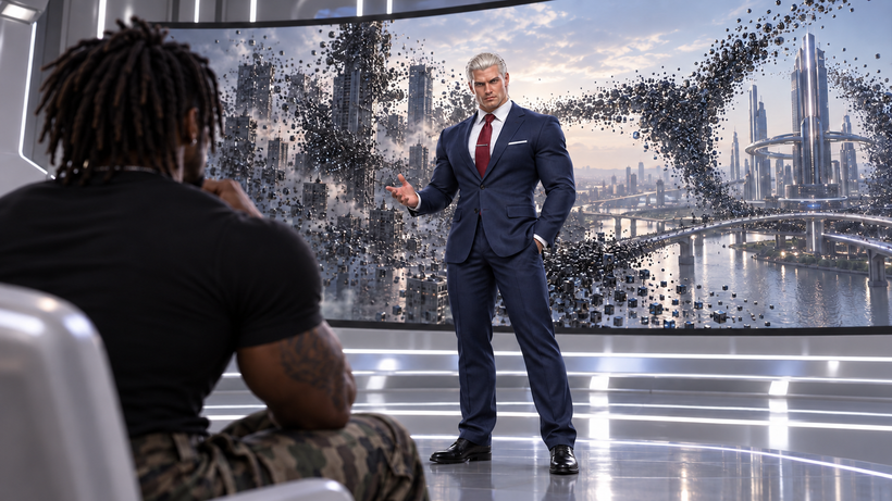 Sterling presents the nanobyte city transformation to the fighters.